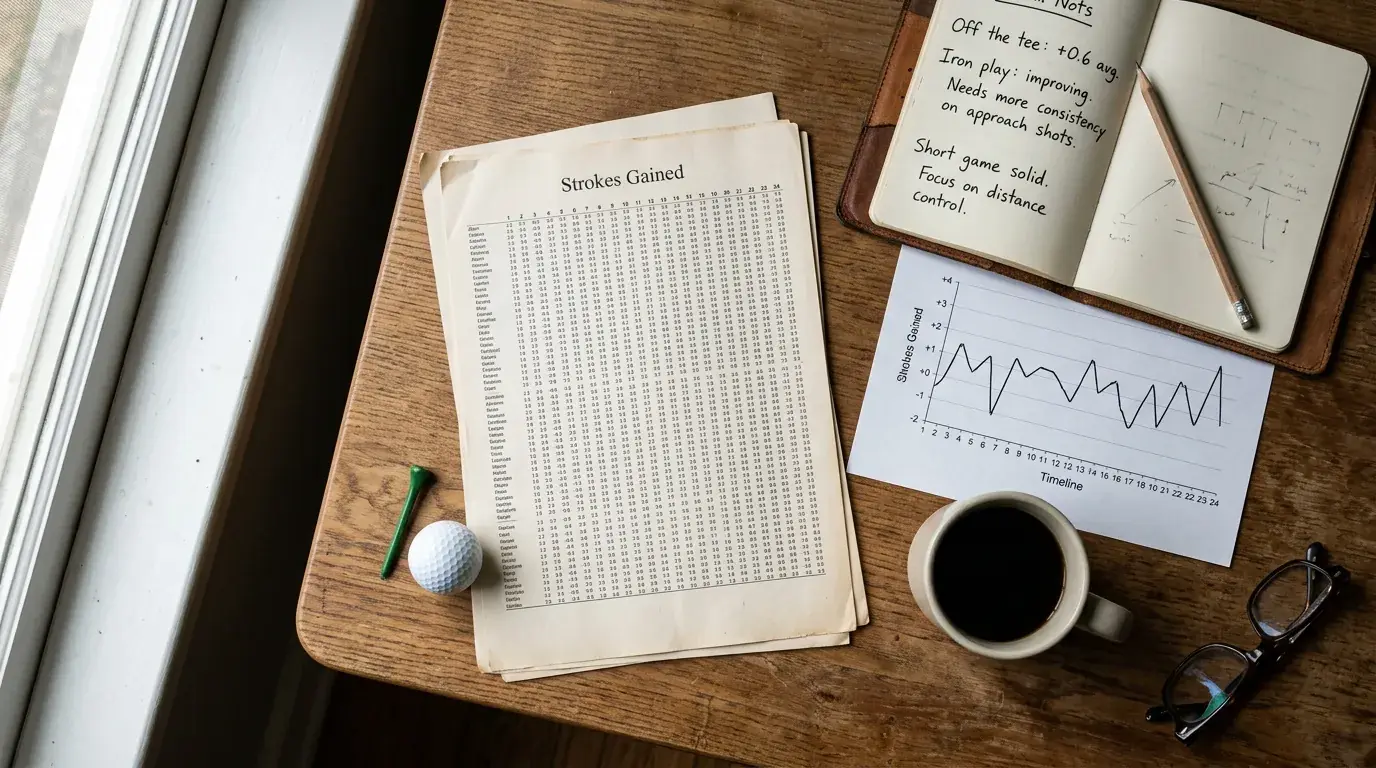 Analista revisando hojas impresas con estadísticas de Strokes Gained y notas manuscritas sobre rendimiento de golfistas