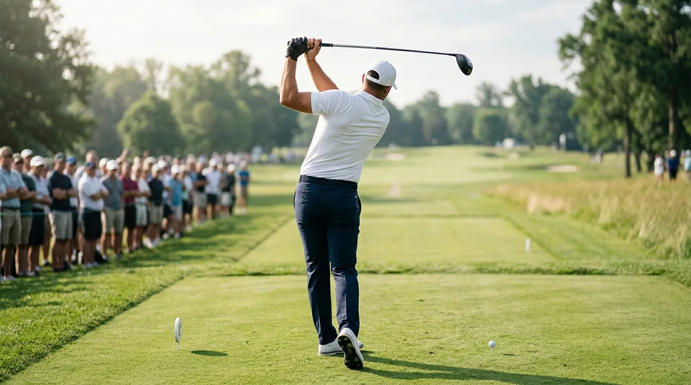 Golfista profesional realizando el swing de salida en un tee del US Open con galería de espectadores al fondo