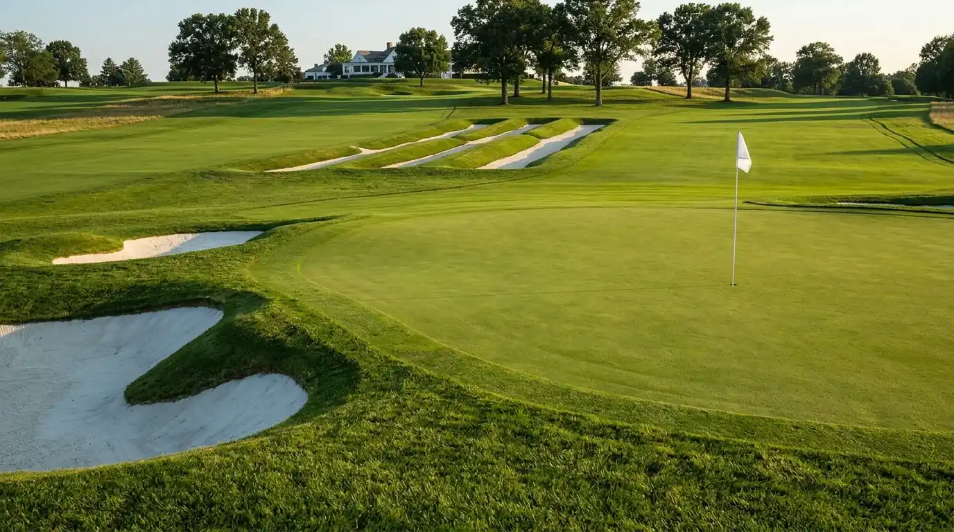 Vista del Oakmont Country Club con greens rapidísimos, bunkers profundos y fairways estrechos durante el US Open 2025
