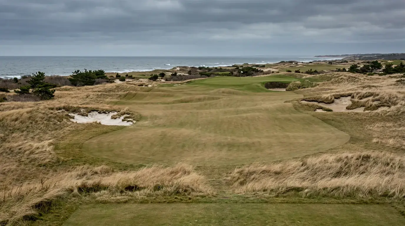 Fairways ondulados de Shinnecock Hills con dunas y bunkers arenosos frente al Atlántico, sede del US Open 2026